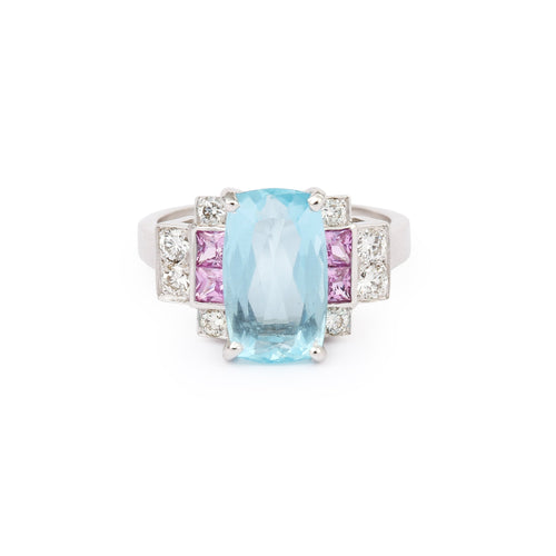 Bague 54 Bague en or gris 18 carats, aiguë-marine, saphirs roses et diamants 58 Facettes B396