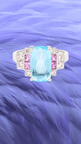 Bague 54 Bague en or gris 18 carats, aigue-marine, saphirs roses et diamants 58 Facettes B396