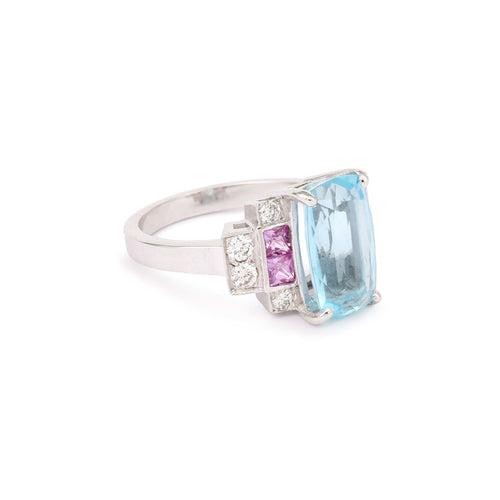 Bague 54 Bague en or gris 18 carats, aigue-marine, saphirs roses et diamants 58 Facettes B396