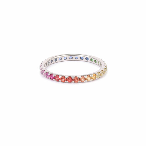 Bague 54 Alliance tour complet en or gris 18 carats et saphirs arc-en-ciel 58 Facettes B398