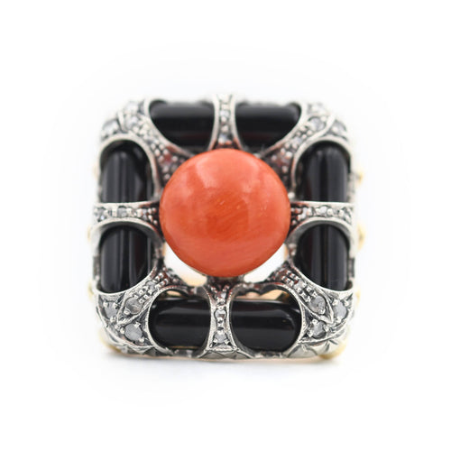 Bague 57 Bague en or 14 carats, corail, onyx et diamants taille ancienne 58 Facettes 23130