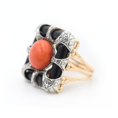 Bague 57 Bague en or 14 carats, corail, onyx et diamants taille ancienne 58 Facettes 23130