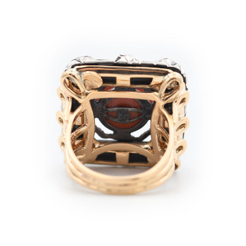 Bague 57 Bague en or 14 carats, corail, onyx et diamants taille ancienne 58 Facettes 23130