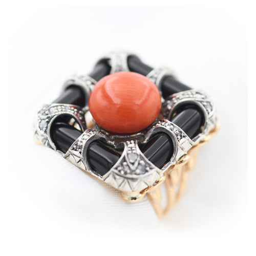 Bague 57 Bague en or 14 carats, corail, onyx et diamants taille ancienne 58 Facettes 23130