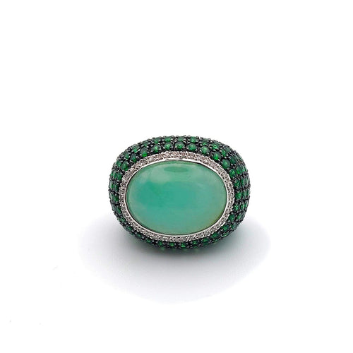 Bague 56 Menthe - Bague boule en or blanc, quartz vert, diamants et tsavorites 58 Facettes 258