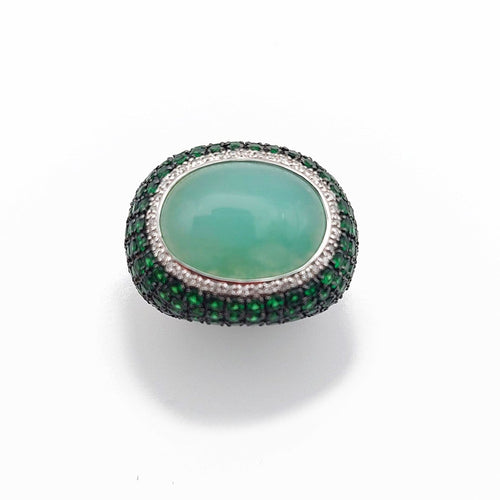 Bague 56 Menthe - Bague boule en or blanc, quartz vert, diamants et tsavorites 58 Facettes 258