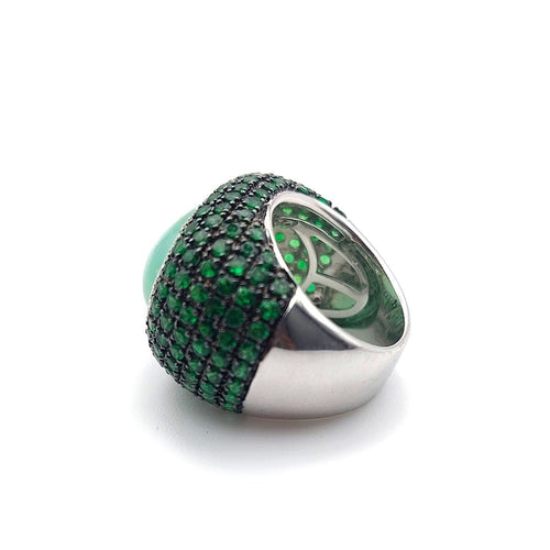 Bague 56 Menthe - Bague boule en or blanc, quartz vert, diamants et tsavorites 58 Facettes 258