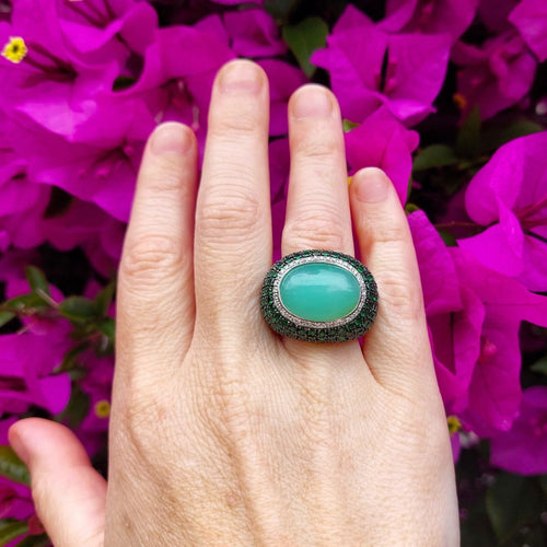Bague 56 Menthe - Bague boule en or blanc, quartz vert, diamants et tsavorites 58 Facettes 258