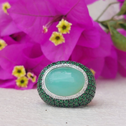 Bague 56 Menthe - Bague boule en or blanc, quartz vert, diamants et tsavorites 58 Facettes 258