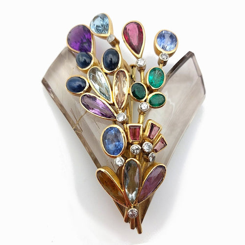 Broche Broche bouquet en or jaune 18 ct, cristal de roche rutilé et pierres 58 Facettes 261