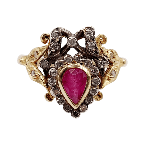 Bague duchesse antique en or 18K, argent, rubis et diamants