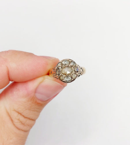 Bague 54 Bague marguerite antique en or 18k, argent et diamants taille rose 58 Facettes A07359
