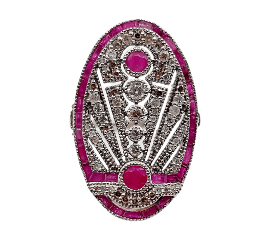 Bague 48 Bague marquise Art déco en or blanc 18k, rubis et diamants 58 Facettes A07360