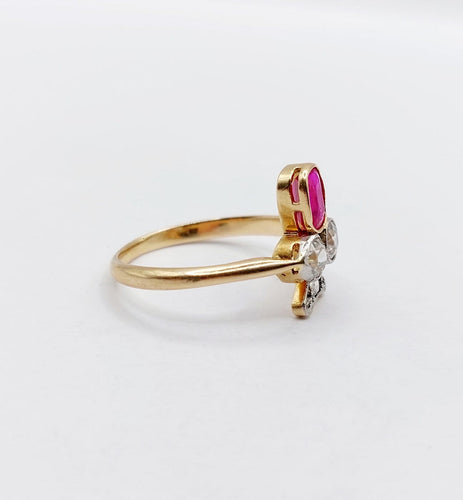 Bague 55 Bague trèfle antique en or 18k, platine, rubis synthétique et diamants 58 Facettes A07364