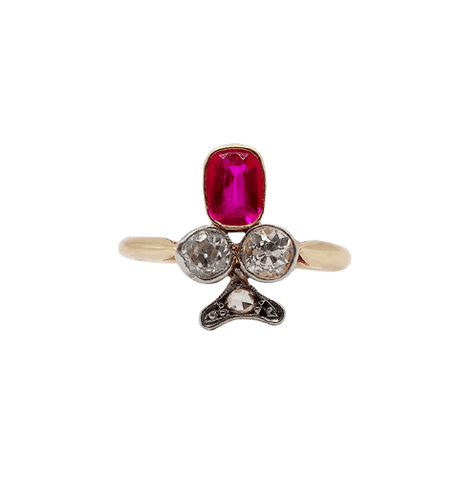 Bague 55 Bague trèfle antique en or 18k, platine, rubis synthétique et diamants 58 Facettes A07364