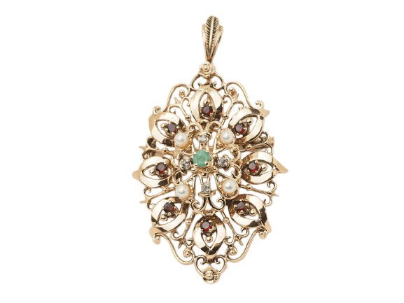 Pendentif Broche-pendentif en or jaune, émeraude, grenats et perles 58 Facettes 33147