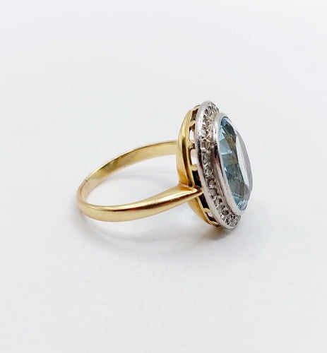 Bague 55 Bague pompadour antique en or 18K, platine, aigue-marine et diamants 58 Facettes A07376