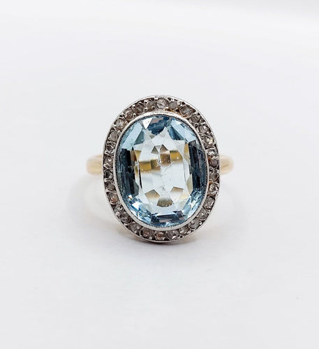 Bague 55 Bague pompadour antique en or 18K, platine, aigue-marine et diamants 58 Facettes A07376