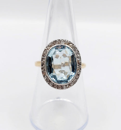 Bague 55 Bague pompadour antique en or 18K, platine, aigue-marine et diamants 58 Facettes A07376