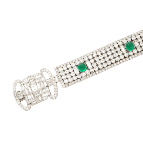 Bracelet Art déco - Bracelet ruban en platine, diamants et émeraudes 58 Facettes SKU: 22819