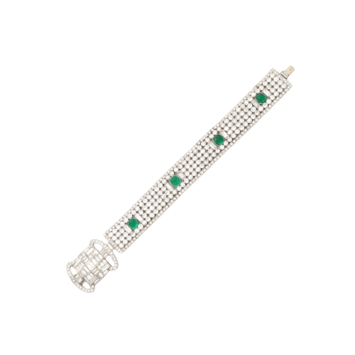 Bracelet Art déco - Bracelet ruban en platine, diamants et émeraudes 58 Facettes SKU: 22819