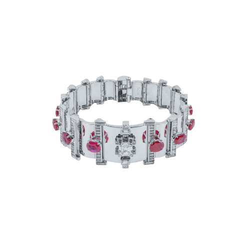 Bracelet Bracelet rétro en métal blanc, rubis birmans non chauffés et diamants 58 Facettes SKU: 22816