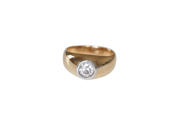 Bague jonc en or jaune, or blanc et diamant taille ancienne