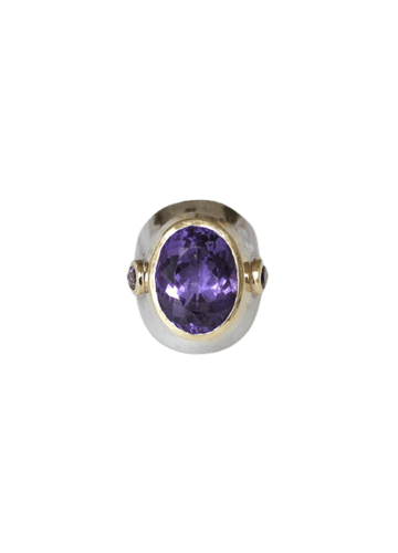 Bague 58 Bague chevalière en or jaune, argent, améthyste et tourmalines roses 58 Facettes