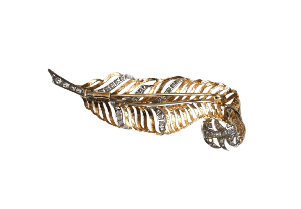 Broche plume années 50 en or rose, platine et diamants