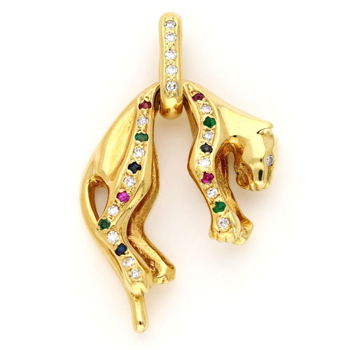 Pendentif Hanging Panther - Pendentif en or jaune 18k, diamants, émeraudes, rubis et saphirs 58 Facettes 9A0814C374B648DA9650B5AD302CBCAB