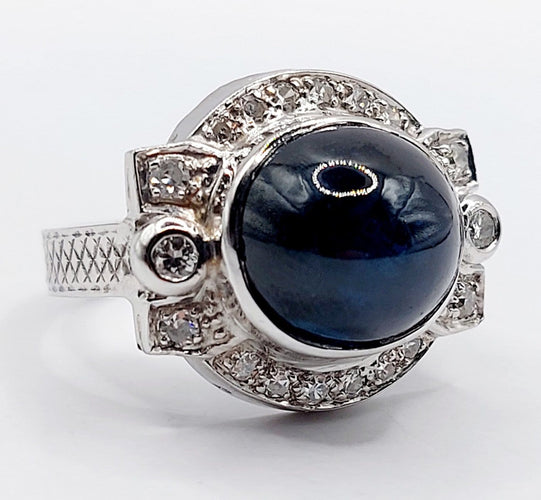 Bague 53 Bague Art déco en or blanc 18k, platine, saphir et diamants 58 Facettes A07390