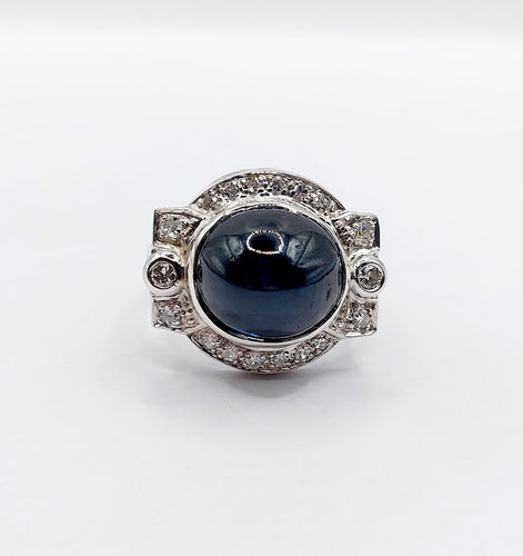 Bague 53 Bague Art déco en or blanc 18k, platine, saphir et diamants 58 Facettes A07390