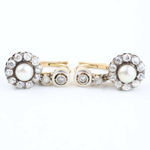 Boucles d'oreilles Boucles d'oreilles anciennes en or jaune et blanc 18K, diamants et perles 58 Facettes D-66610