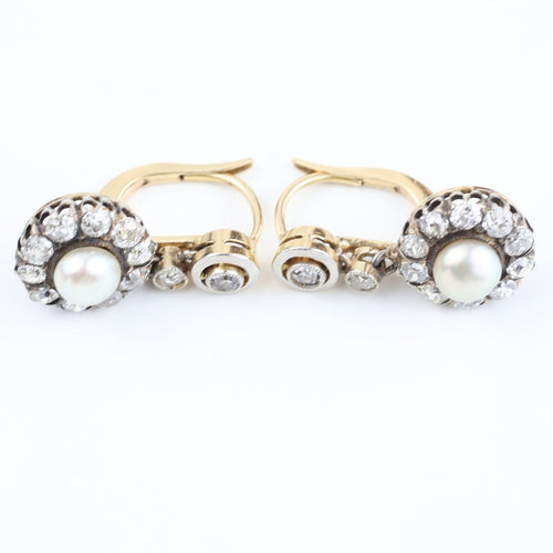 Boucles d'oreilles Boucles d'oreilles anciennes en or jaune et blanc 18K, diamants et perles 58 Facettes D-66610