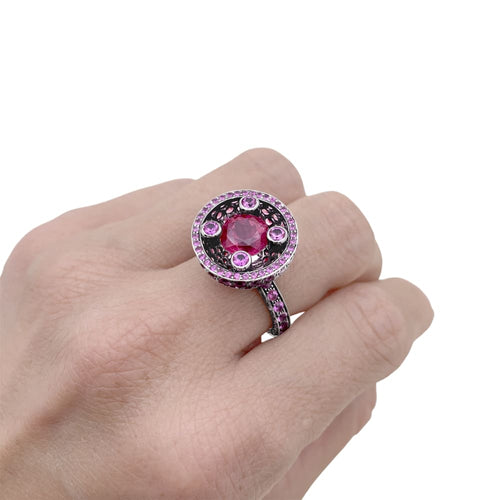 Bague 54 Boucheron Liz - Bague en or blanc noirci, tourmaline et saphirs roses 58 Facettes 35696