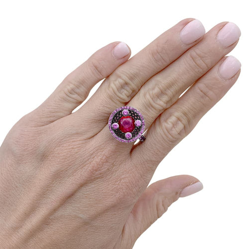 Bague 54 Boucheron Liz - Bague en or blanc noirci, tourmaline et saphirs roses 58 Facettes 35696