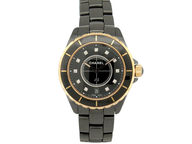 Montre Chanel J12 - Montre 38 mm en céramique noire, or jaune et diamants 58 Facettes 275095