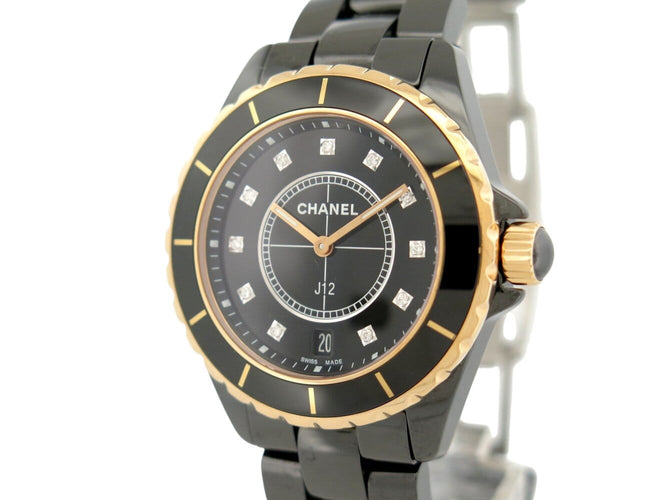 Montre Chanel J12 - Montre 38 mm en céramique noire, or jaune et diamants 58 Facettes 275095