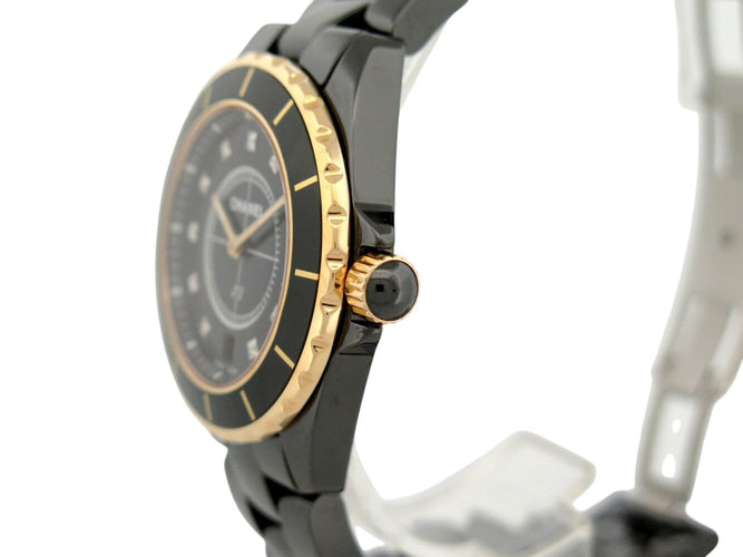 Montre Chanel J12 - Montre 38 mm en céramique noire, or jaune et diamants 58 Facettes 275095