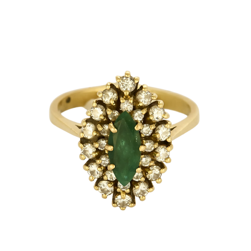 Bague 55 Bague navette en or jaune, émeraude et diamants 58 Facettes B260165