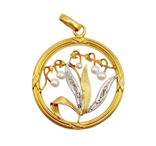 Pendentif Pendentif Art nouveau brin de muguet en or 18k, perles et diamants 58 Facettes A07276