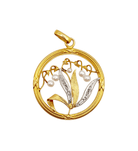 Pendentif Pendentif Art nouveau brin de muguet en or 18k, perles et diamants 58 Facettes A07276