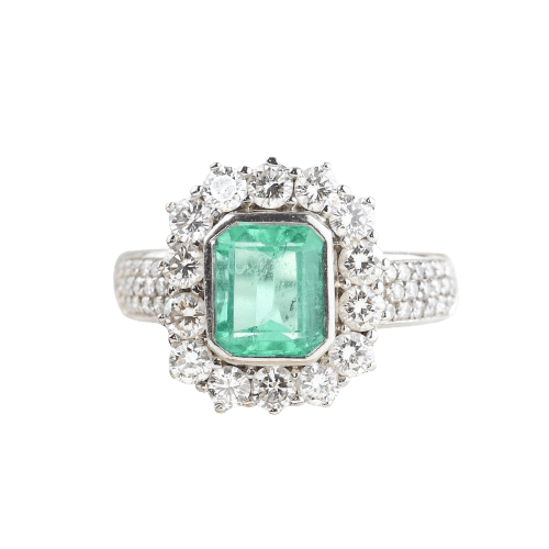 Bague 55 Bague cluster en or blanc et jaune 18K, émeraude colombienne et diamants 58 Facettes D-66593