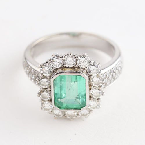 Bague 55 Bague cluster en or blanc et jaune 18K, émeraude colombienne et diamants 58 Facettes D-66593