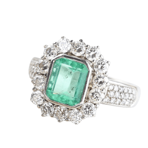 Bague 55 Bague cluster en or blanc et jaune 18K, émeraude colombienne et diamants 58 Facettes D-66593