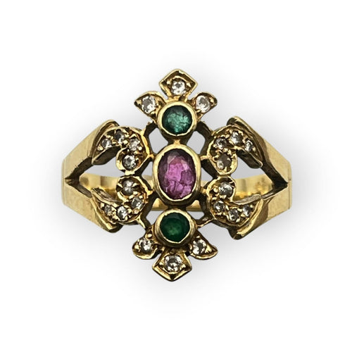 Bague 61 Bague style ancien en or jaune, émeraudes, rubis et diamants 58 Facettes 149069422