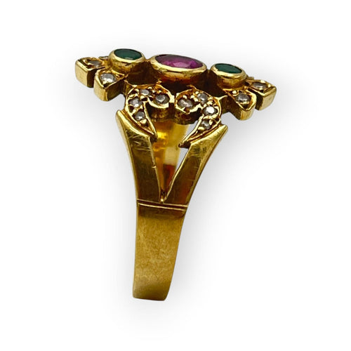 Bague 61 Bague style ancien en or jaune, émeraudes, rubis et diamants 58 Facettes 149069422