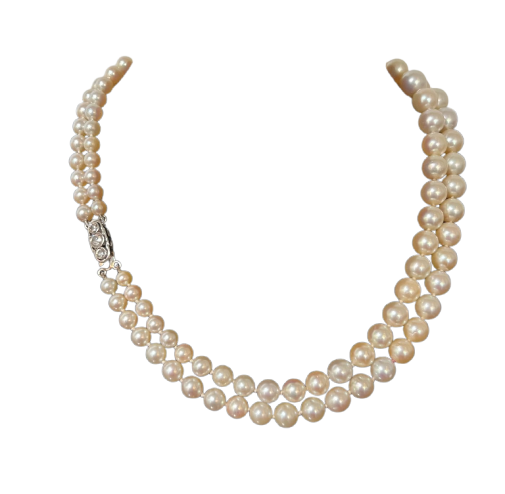 Collier deux rangs en or, platine, perles Akoya et diamants