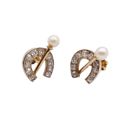Boucles d'oreilles Puces d'oreilles fers à cheval en or 18k, argent, diamants et perles 58 Facettes A07363