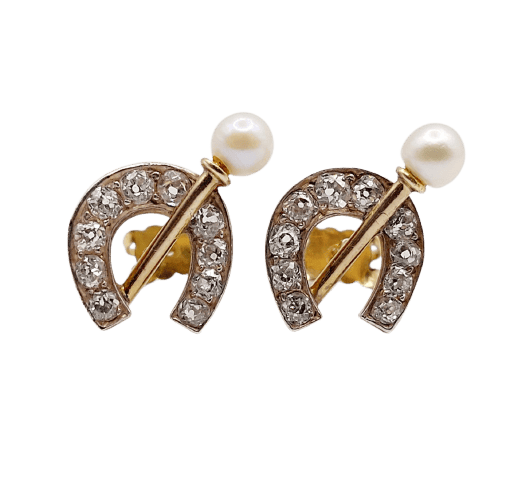 Boucles d'oreilles Puces d'oreilles fers à cheval en or 18k, argent, diamants et perles 58 Facettes A07363